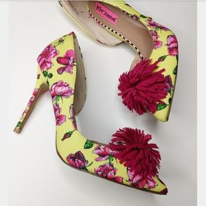 Betsey Johnson yellow and pink floral heels